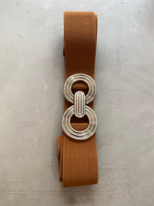 Belt stretch round gold clasp tan