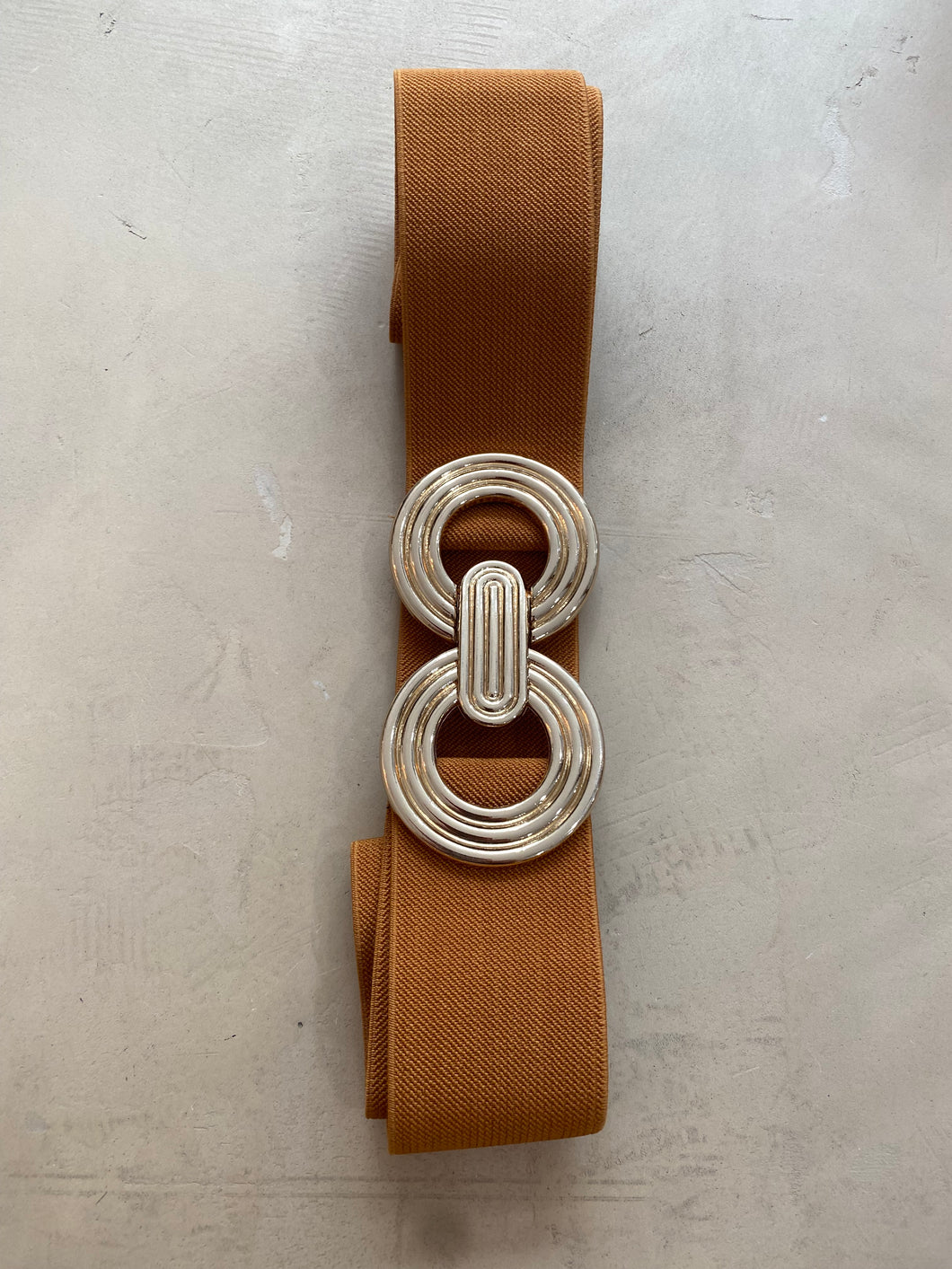 Belt stretch round gold clasp tan